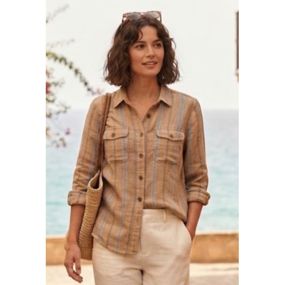 The North Face A5 Series Womens XL Brown Blue Striped Cotton Button Up Shirt